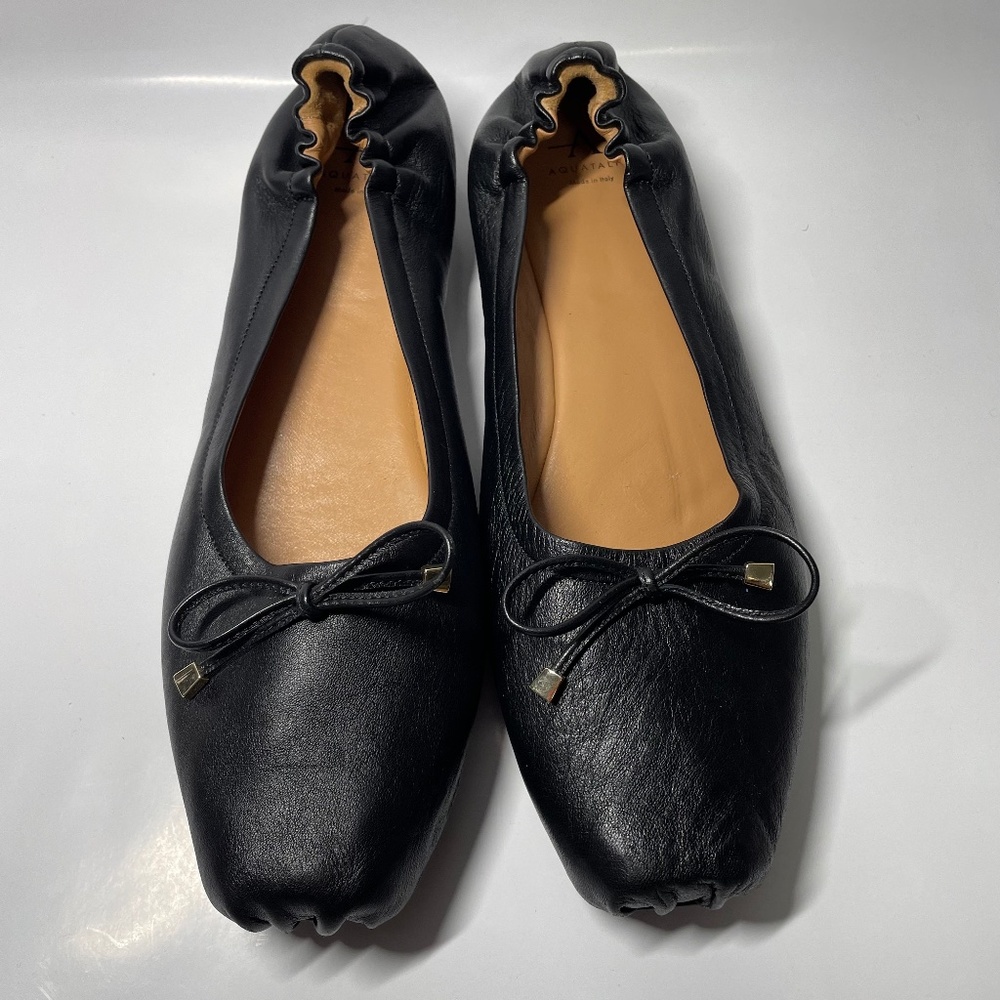 NWOB Aquatalia Black Leather Ballerina Flat Size 10M Square Toe Made in Italy